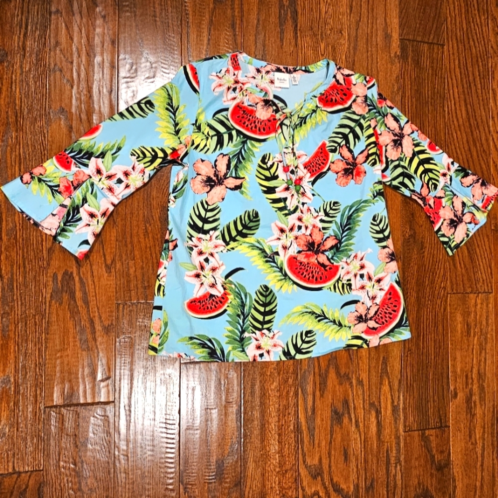 Rafaella Weekend V-Neck w/Tie Women's Colorful Tropical Blouse - Size Sm…
